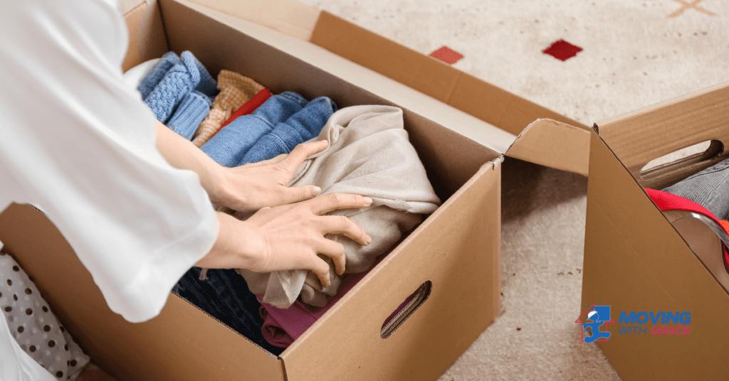 A woman packing clothing for a relocation