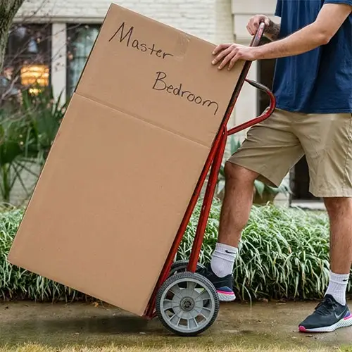 Friendly local movers in Sacramento carrying securely packed boxes out of a residential home