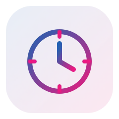 Clock app icon with a circular clock and a pink-to-purple gradient background.