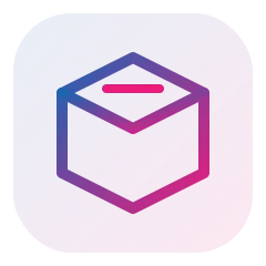 Icon: a 3D outlined box with a small lid on a rounded square gradient background from blue to pink.