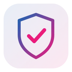 App icon with a shield outline and pink checkmark on a purple-pink gradient, symbolizing security.