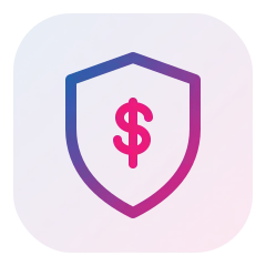 App icon showing a shield with a pink dollar sign on a purple-pink gradient, symbolizing financial protection.
