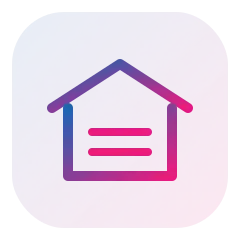 Rounded-square app icon with a purple-to-pink gradient, showing a minimalist house outline over a document shape.