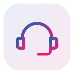 Headphones with microphone icon on a purple-pink gradient rounded-square background, representing support.